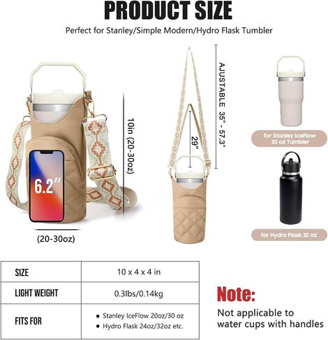 Water Bottle Carrier Bag with Phone Pocket for Stanley 25 & 32 oz, Insulated Water Bottle Holder Pouch with Airtag Passport Pocket Card Slot, Used for Stanley Cup Accessories and travel in Saudi Arabia