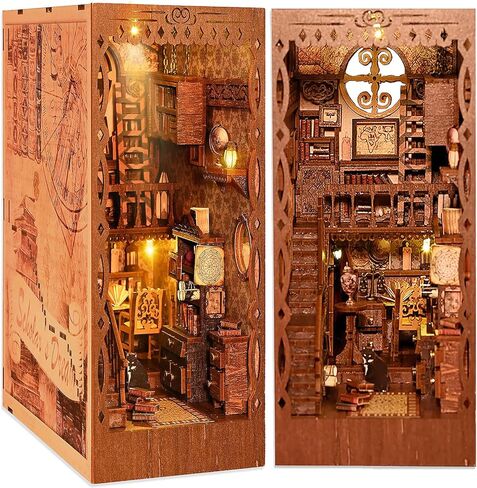 TuKIIE DIY Book Nook Miniature Kit, Booknook Dollhouse Bookshelf Insert with Brightness Adjustable LED Light, Wooden Decorative Bookend Stand Model Kits for Kids Teens Adults(Scholar's Dream) in Saudi Arabia