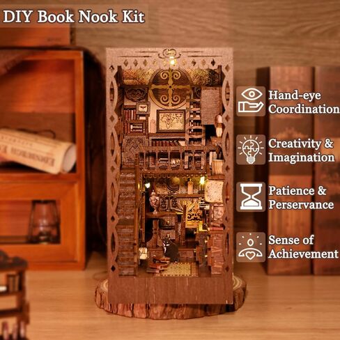 TuKIIE DIY Book Nook Miniature Kit, Booknook Dollhouse Bookshelf Insert with Brightness Adjustable LED Light, Wooden Decorative Bookend Stand Model Kits for Kids Teens Adults(Scholar's Dream) in Saudi Arabia