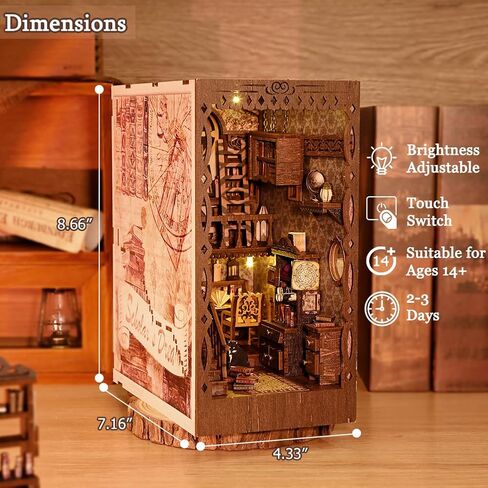 TuKIIE DIY Book Nook Miniature Kit, Booknook Dollhouse Bookshelf Insert with Brightness Adjustable LED Light, Wooden Decorative Bookend Stand Model Kits for Kids Teens Adults(Scholar's Dream) in Saudi Arabia