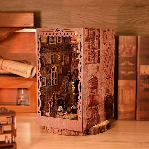 TuKIIE DIY Book Nook Miniature Kit, Booknook Dollhouse Bookshelf Insert with Brightness Adjustable LED Light, Wooden Decorative Bookend Stand Model Kits for Kids Teens Adults(Scholar's Dream) in Saudi Arabia