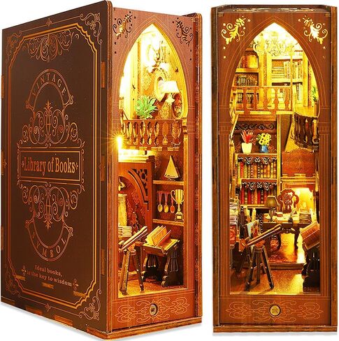 TuKIIE DIY Book Nook Miniature Kit, Booknook Dollhouse Bookshelf Insert with Brightness Adjustable LED Light, Wooden Decorative Bookend Stand Model Kits for Kids Teens Adults(Scholar's Dream) in Saudi Arabia