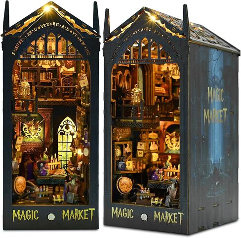 MIESOYA DIY Book Nook Kit, 3D Wooden Puzzle Bookshelf Decor with LED Decor, Bookend Diorama DIY Bookends Model Build Crafts Gifts for Adults in Kuwait