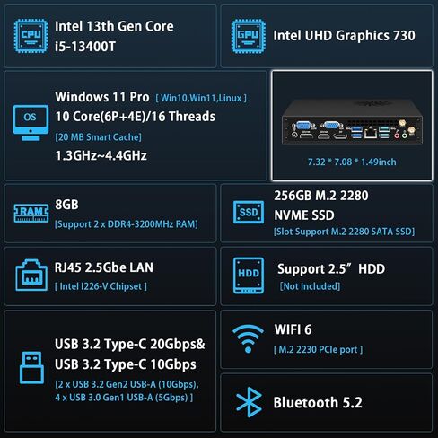 كمبيوتر مكتبي صغير مزود بمعالج Intel Core i5-13400T من الجيل الثالث عشر حتى 4.4 جيجاهرتز، وذاكرة وصول عشوائي DDR4 سعة 32 جيجابايت وذاكرة وصول عشوائي 512 جيجابايت NVME SSD و1 تيرابايت و2.5 بوصة HDD، كمبيوتر صغير صغير الحجم، رباعي 2*HD+DP+VGA 4K، 2X نوع C،  in Kuwait