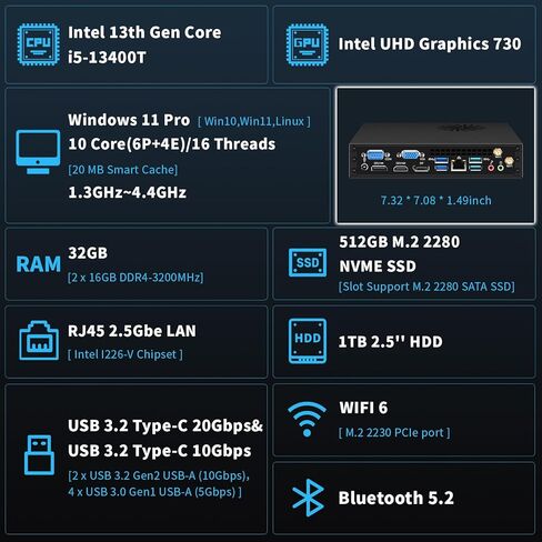 كمبيوتر مكتبي صغير مزود بمعالج Intel Core i5-13400T من الجيل الثالث عشر حتى 4.4 جيجاهرتز، وذاكرة وصول عشوائي DDR4 سعة 32 جيجابايت وذاكرة وصول عشوائي 512 جيجابايت NVME SSD و1 تيرابايت و2.5 بوصة HDD، كمبيوتر صغير صغير الحجم، رباعي 2*HD+DP+VGA 4K، 2X نوع C،  in Kuwait