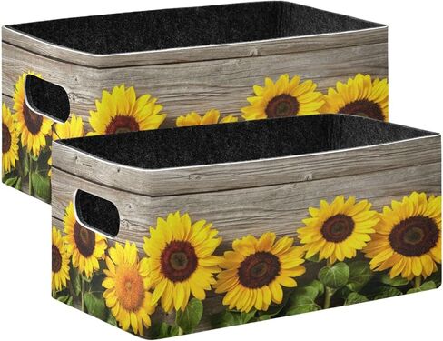 Emelivor Black Sunflowers Storage Basket Bins Set (2pcs) Felt Collapsible Storage Bins with Dual Handles Foldable Storage Baskets Boxes for Kids Toys Pet Toy Books Clothes Closet Cabinet Organise in Kuwait