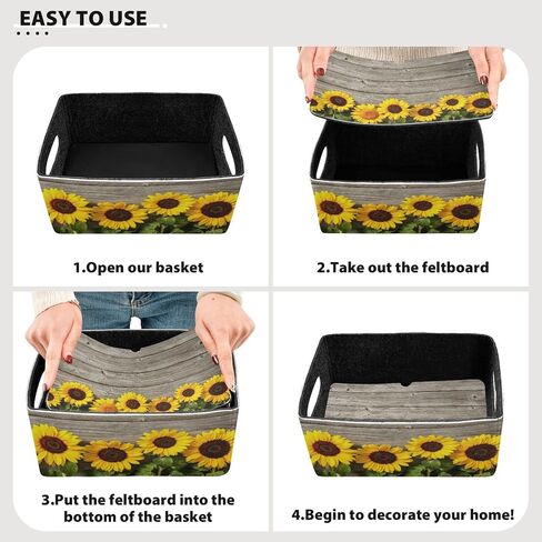 Emelivor Black Sunflowers Storage Basket Bins Set (2pcs) Felt Collapsible Storage Bins with Dual Handles Foldable Storage Baskets Boxes for Kids Toys Pet Toy Books Clothes Closet Cabinet Organise in Kuwait