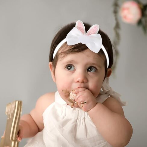 Bunny Ears Bow Headband - Party Decorations, Elastic Headpieces for Baby Shower, Birthday, and Kids Photo Props (White+Pink) in Saudi Arabia