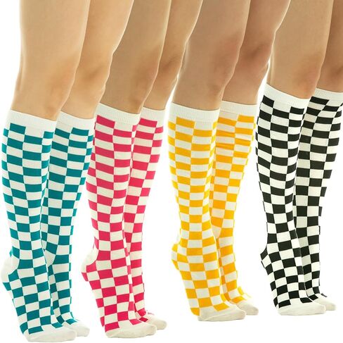 SERICI 4xCheckered Knee High Socks for Women or boys | Fun Novelty Argyle Cotton Long Tube Socks | size 5-11 in Saudi Arabia
