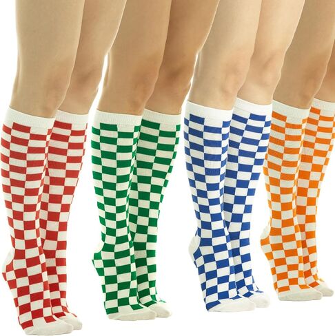 SERICI 4xCheckered Knee High Socks for Women or boys | Fun Novelty Argyle Cotton Long Tube Socks | size 5-11 in Saudi Arabia