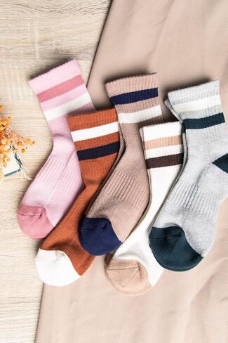Premium Women's Fashion Socks - 5 Pairs Set Crew Socks Solid Colorful Printed Size 6-11 Soft Long Basic Socks in Saudi Arabia