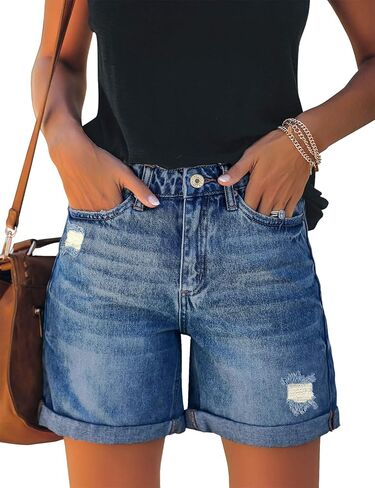 شورت جينز نسائي من LookbookStore عالي الخصر من قماش الدنيم الممزق بحاشية ملفوفة in Kuwait