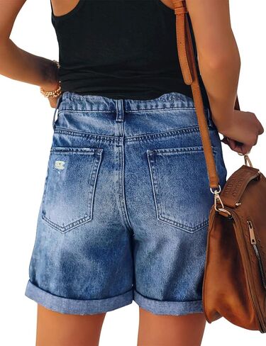 شورت جينز نسائي من LookbookStore عالي الخصر من قماش الدنيم الممزق بحاشية ملفوفة in Kuwait