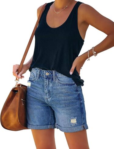 شورت جينز نسائي من LookbookStore عالي الخصر من قماش الدنيم الممزق بحاشية ملفوفة in Kuwait