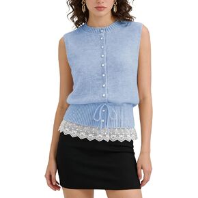 QIBABU Womens Sweater Vest Casual Button Down Sleeveless Cardigan Lace Hem Lightweight Knit Tank Top Dressy in Kuwait