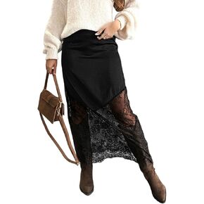 Women's High Waisted Lace Panel Maxi Skirt Trendy Sheer Mesh Long Work Skirt in Saudi Arabia
