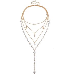 Layered Gold Pearl Lariat Necklace for Women Multi Strand Y Chain with Moon Star Charms Adjustable Statement Fashion Jewelry for Party Wedding Gift in Saudi Arabia