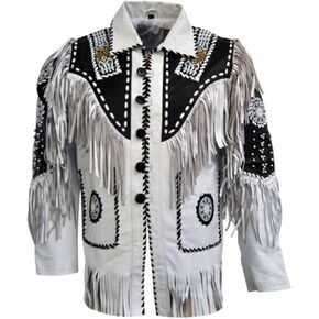 Men's Western White Fringed and Beaded Leather Jacket in Saudi Arabia