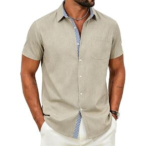 Men's Linen Shirt Button Down Shirts Short Sleeve Casual Summer Business Work Shirt with Pocket in Saudi Arabia