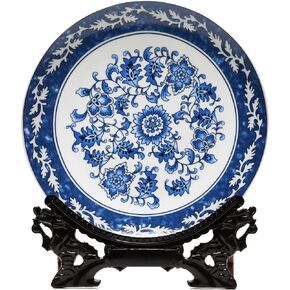 10.24'' Blue and White Porcelain Decorative Plate with Display Stand, Traditional Qinghua Floral Art from Jingdezhen (Blue and White, Lotus Design) in Saudi Arabia