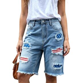 Denim Bermuda Shorts for Women American Flag Patched Mid Rise Ripped Raw Hem Knee Length Trendy Jean Patriotic Shorts in Kuwait