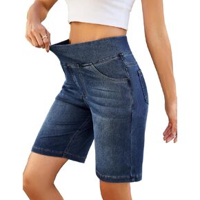 Womens Jean Shorts High Waisted Stretchy Elastic Waist Tummy Control Pull On Denim Bermuda Shorts in Kuwait