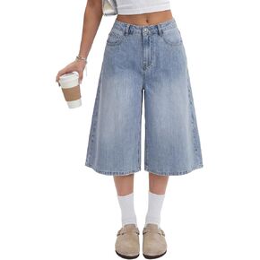LYANER Women's Low Rise Wide Leg Baggy Y2k Bermuda Denim Jean Shorts with Pockets in Kuwait
