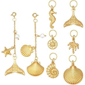 8pcs Bikini Charms 18K Gold Plated Stainless Steel Swimwear Accessories Waterproof Cute Fashion Beach Jewelry Beach Themed Bag Charm for Swimsuits Shell Conch Palm Tree Sun Mermaid Tail in Kuwait