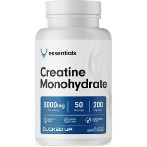 Bucked Up Essentials Creatine Monohydrate 3000mg | Micronized Creatine | Non GMO Gluten Free Third Party Tested | Daily Creatine Supplement Capsules (200 Capsules, 50 Servings) in Saudi Arabia