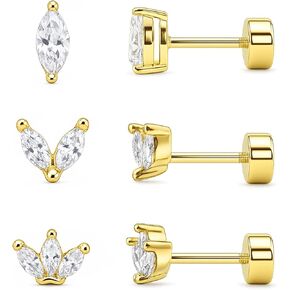 3 Pairs 20G Flat Back Earrings, G23 Titanium Hypoallergenic CZ Studs, 14K Gold Cartilage Helix Tragus Conch Piercing Jewelry for Women in Saudi Arabia