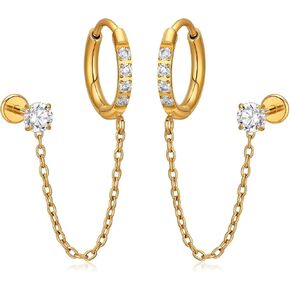 1 Pair ASTM F136 Titanium Double Piercing Dangle Earrings, Cubic Zirconia Dainty Chain Earrings for Helix Conch Earlobe in Saudi Arabia