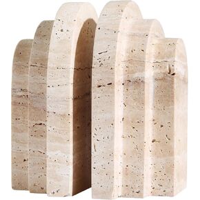 Natural Travertine Book Ends for Shelves Heavy 7.4 Lbs Non Slip Base | Genuine natural travertine stone with unique irregular holes. Layered arch design for elegant desk or bookshelf decor. in Saudi Arabia