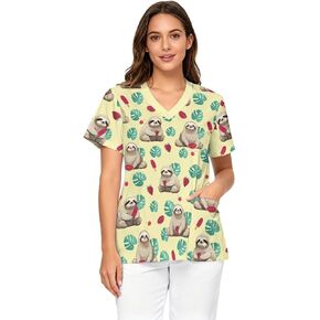 Scrub Tops Women Short Sleeve V-Neck Holiday Printed Medical Nurse Uniforms Scrub Tops Shirt with Pockets in Saudi Arabia
