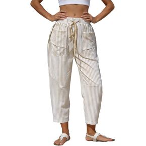 Striped Linen Pants Women High Waisted Comfy Drawstring Barrel Pants with Pockets Summer Beach Lounge Trousers in Saudi Arabia