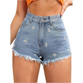OYOANGLE Women's Floral Embroidery Raw Hem Denim Shorts High Waisted Straight Leg Jean Shorts in Kuwait
