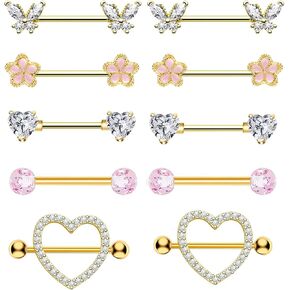 Gold Nipple Piercing Jewelry Surgical Stainless Steel Pink 14G Nipple Rings for Women Cute Heart Cherry Butterfly Hypoallergenic Nipple Piercing Barbell in Saudi Arabia