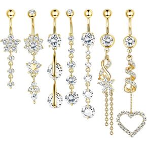 7 Pcs Gold Dangle Belly Button Rings for Women - 14G Navel Piercing Jewelry Set CZ Heart Flower Curved Barbell Belly Ring Pack in Kuwait