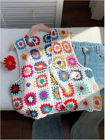 SHENHE Women's Floral Crochet Sweater Vest Hollow Out Tie Front Sleeveless Summer Knit Vest in Kuwait
