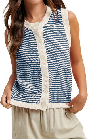 Himosyber Women's Sweater Vest Striped Sleeveless Cardigans Button Down Crew Neck Summer Casual Knit Tank Tops in Saudi Arabia