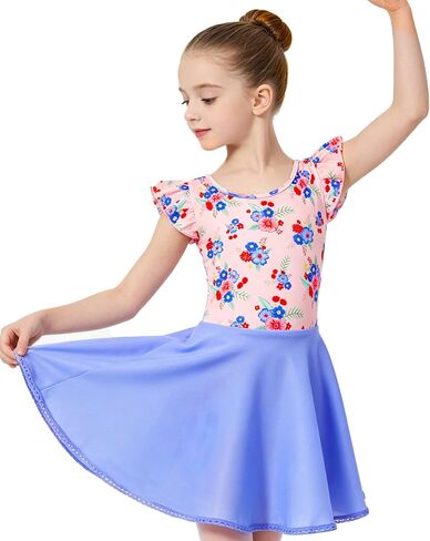 Funnycokid Girls Ballet Leotards Dance Leotard with Circle Skirt Ruffer Sleeve Ballerina Dresses Outfits in Saudi Arabia