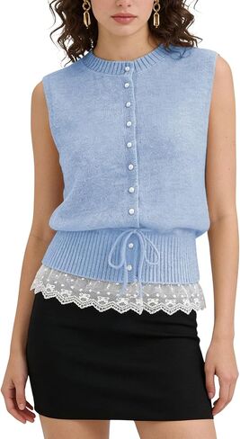 QIBABU Womens Sweater Vest Casual Button Down Sleeveless Cardigan Lace Hem Lightweight Knit Tank Top Dressy in Kuwait