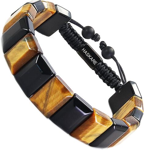 HASKARE Healing Crystal Beads Bracelets for Men Genuine Tiger Eye Obsidian Howlite Energy Crystal Bracelet, Protection Gemstone Jewelry for Anxiety Stress Relief, Handmade Drawstring Gift for Him in Saudi Arabia