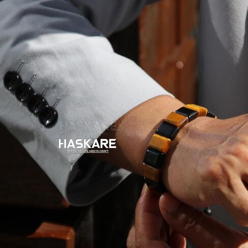 HASKARE Healing Crystal Beads Bracelets for Men Genuine Tiger Eye Obsidian Howlite Energy Crystal Bracelet, Protection Gemstone Jewelry for Anxiety Stress Relief, Handmade Drawstring Gift for Him in Saudi Arabia
