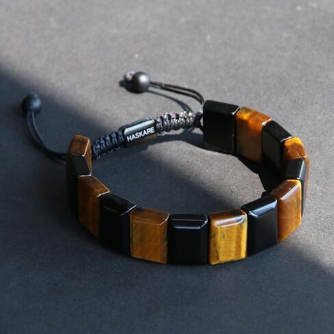 HASKARE Healing Crystal Beads Bracelets for Men Genuine Tiger Eye Obsidian Howlite Energy Crystal Bracelet, Protection Gemstone Jewelry for Anxiety Stress Relief, Handmade Drawstring Gift for Him in Saudi Arabia