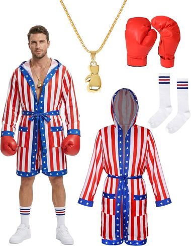 4PCS American Flag Boxing Costume for Men Women, Rocky Balboa Robe, Boxer Outfit with Gloves, Socks and Necklace in Saudi Arabia