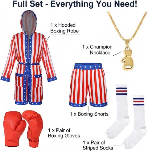 4PCS American Flag Boxing Costume for Men Women, Rocky Balboa Robe, Boxer Outfit with Gloves, Socks and Necklace in Saudi Arabia