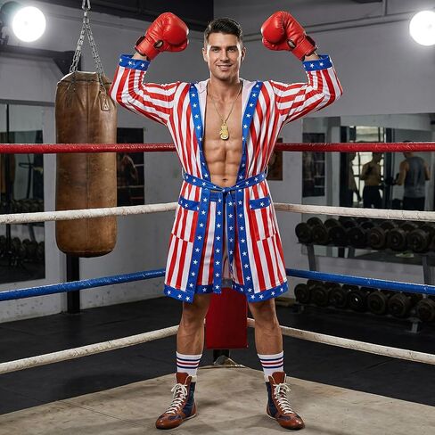 4PCS American Flag Boxing Costume for Men Women, Rocky Balboa Robe, Boxer Outfit with Gloves, Socks and Necklace in Saudi Arabia
