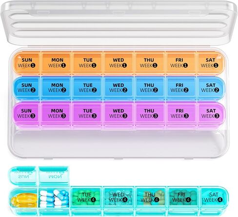 Daviky Monthly Pill Organizer 28 Day, 4 Week Pill Box with Removable Weekly Trays, Large BPA-Free Pill Organizer for Vitamins, Supplements and Medication, Travel Pill Case with Storage Box, White in Kuwait