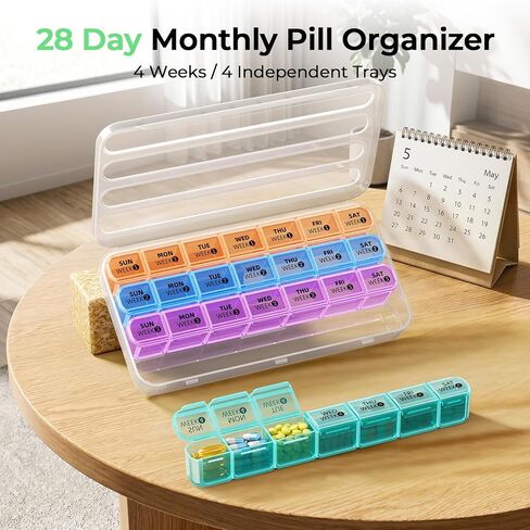 Daviky Monthly Pill Organizer 28 Day, 4 Week Pill Box with Removable Weekly Trays, Large BPA-Free Pill Organizer for Vitamins, Supplements and Medication, Travel Pill Case with Storage Box, White in Saudi Arabia
