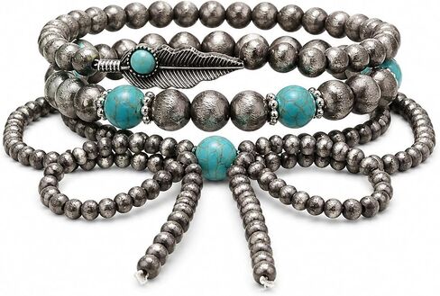 ASIJUNTYECHO Navajo Pearl Bracelet, 3Pcs Vintage Boho Bow Denim Western Bracelet Stack, Cowgirl Jewelry for Women, Boho Accessories with Western Turquoise Style in Saudi Arabia